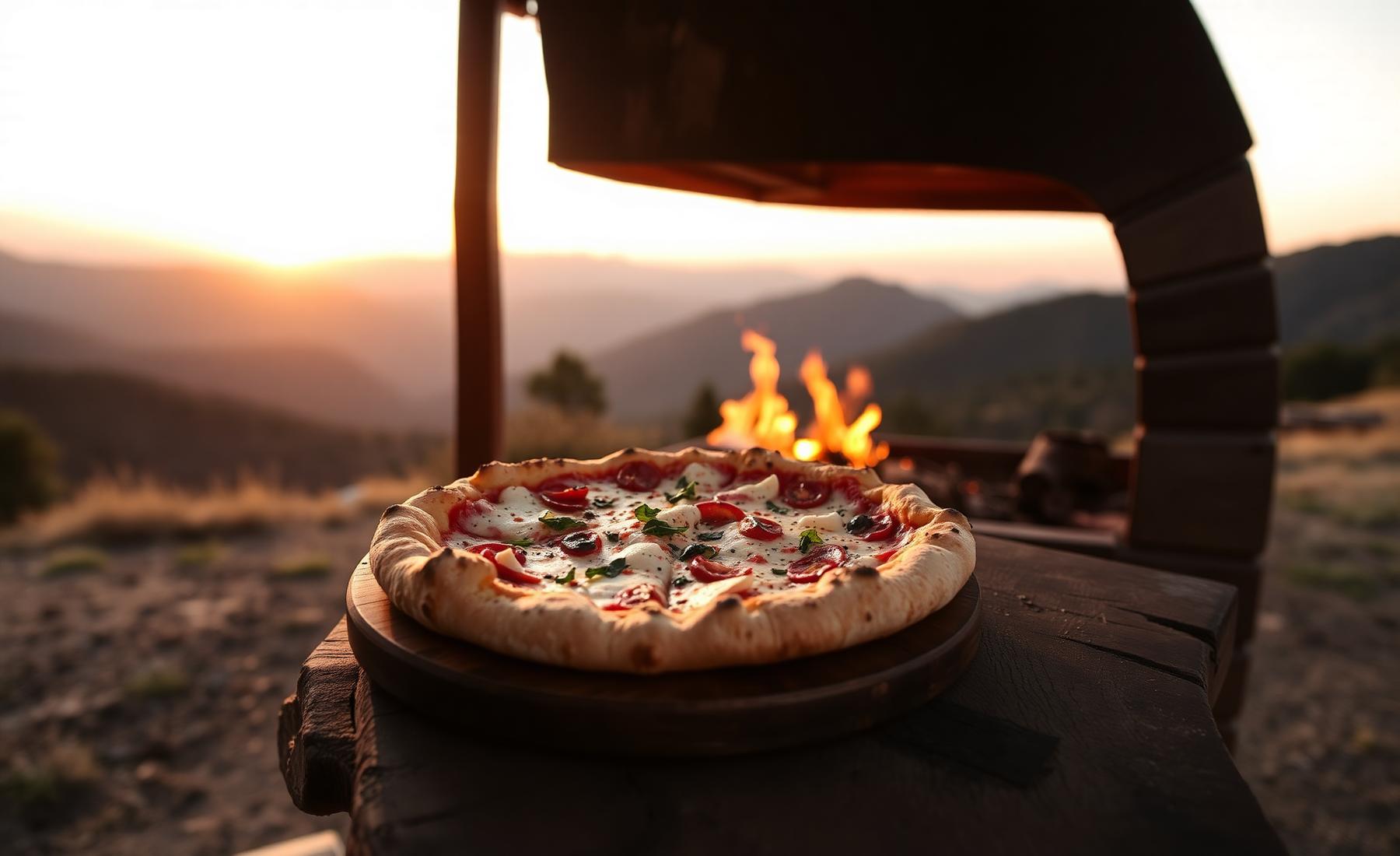 Pizza recién horneada sobre mesa de madera con atardecer en la montaña
