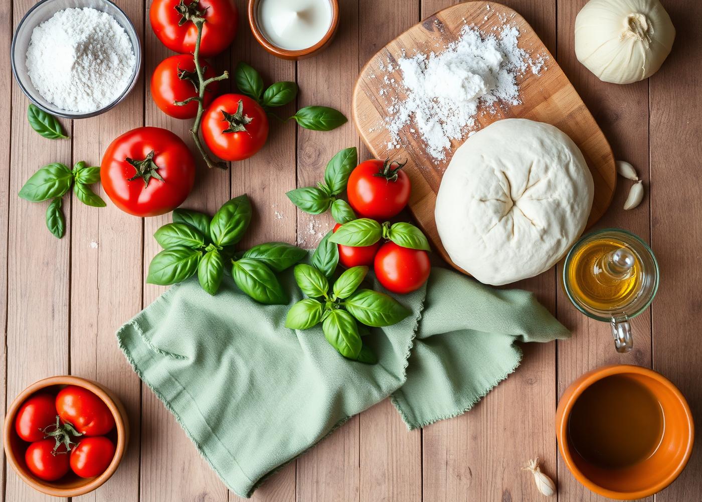 Mesa con ingredientes frescos: tomates, albahaca, masa y aceite de oliva
